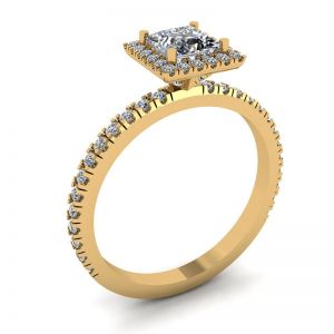 プリンセス カット フローティング ハロー ダイヤモンド エンゲージメント リング イエロー ゴールド - 写真 3
