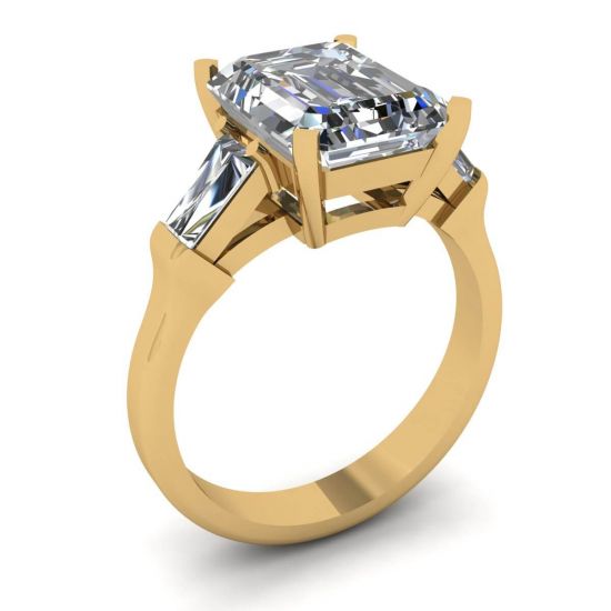 スリーストーン エメラルドとバゲット ダイヤモンドの婚約指輪 イエロー ゴールド,  画像を拡大する 4