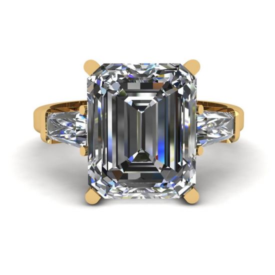 スリーストーン エメラルドとバゲット ダイヤモンドの婚約指輪 イエロー ゴールド, 画像 1