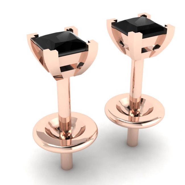 4 mm プリンセス カット ブラック ダイヤモンド スタッド ピアス ローズゴールド - 写真 2