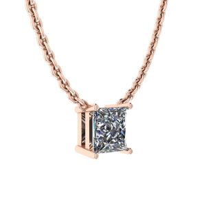 プリンセス ダイヤモンド ソリティア ネックレス、細いチェーン、ローズゴールド - 写真 1