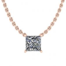 プリンセス ダイヤモンド ソリティア ネックレス、細いチェーン、ローズゴールド