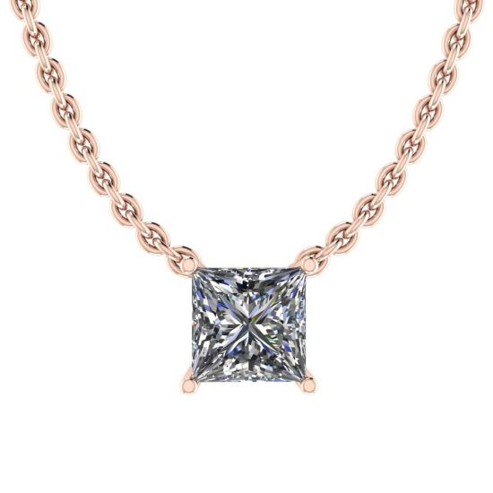プリンセス ダイヤモンド ソリティア ネックレス、細いチェーン、ローズゴールド, 画像を拡大する 1