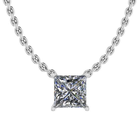 プリンセス ダイヤモンド ソリティア ネックレス、細いチェーン ホワイト ゴールド, 画像を拡大する 1